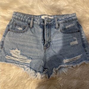 Blue Jean Shorts with Distressed Raw Hem